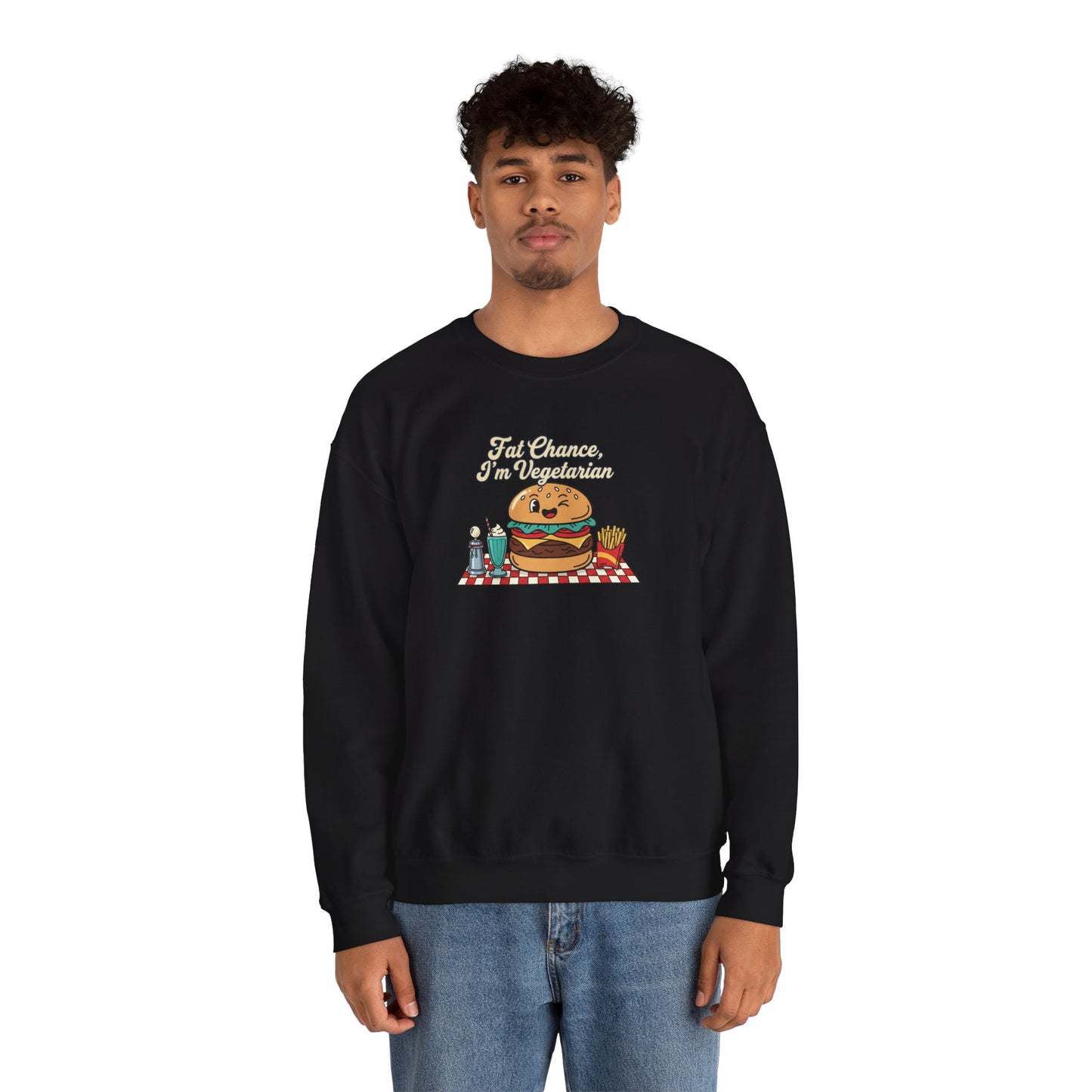 Fat Chance, I'm Vegetarian, Cheeseburger Diner Graphic Sweatshirt | Retro Diner, Matchbook & Pantry Label Art