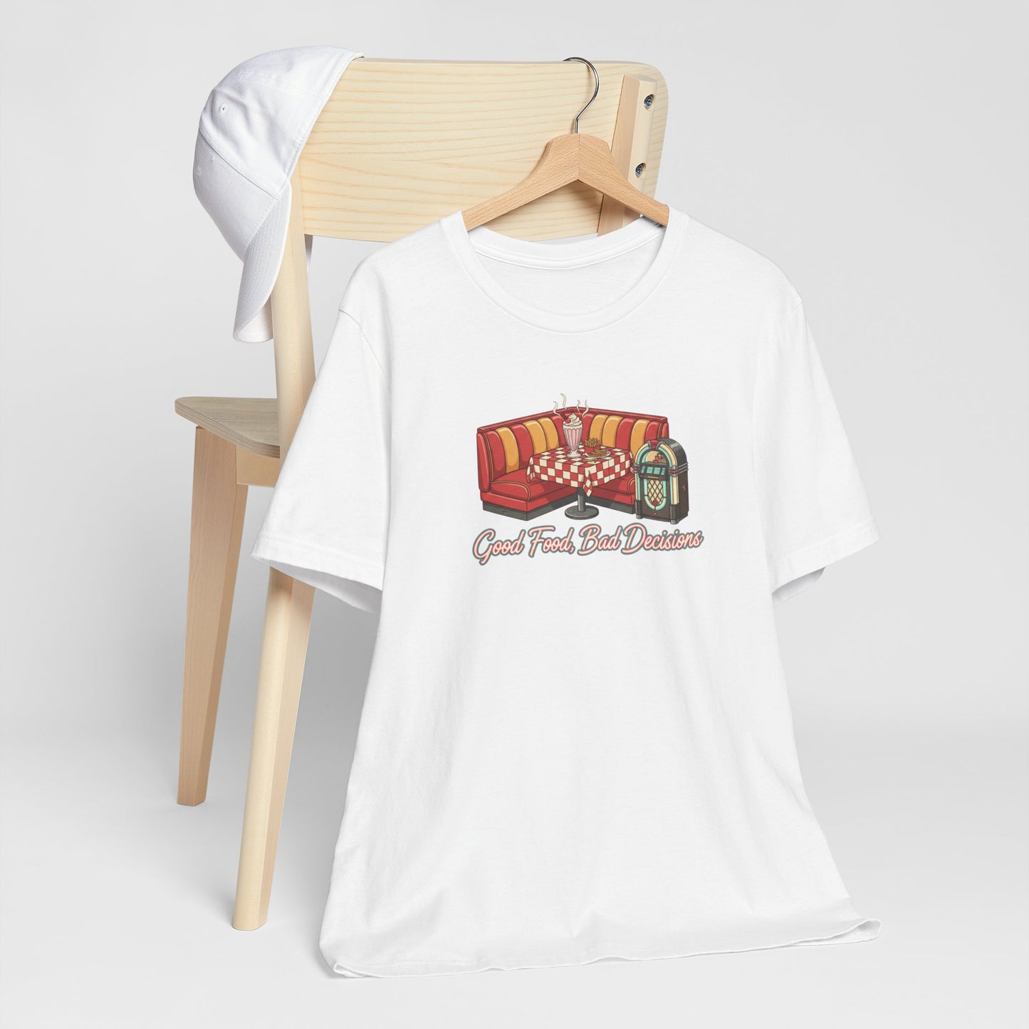 Good Food, Bad Decisions, Diner Booth & Jukebox Tee | Retro Diner Shirt, Matchbook Graphic