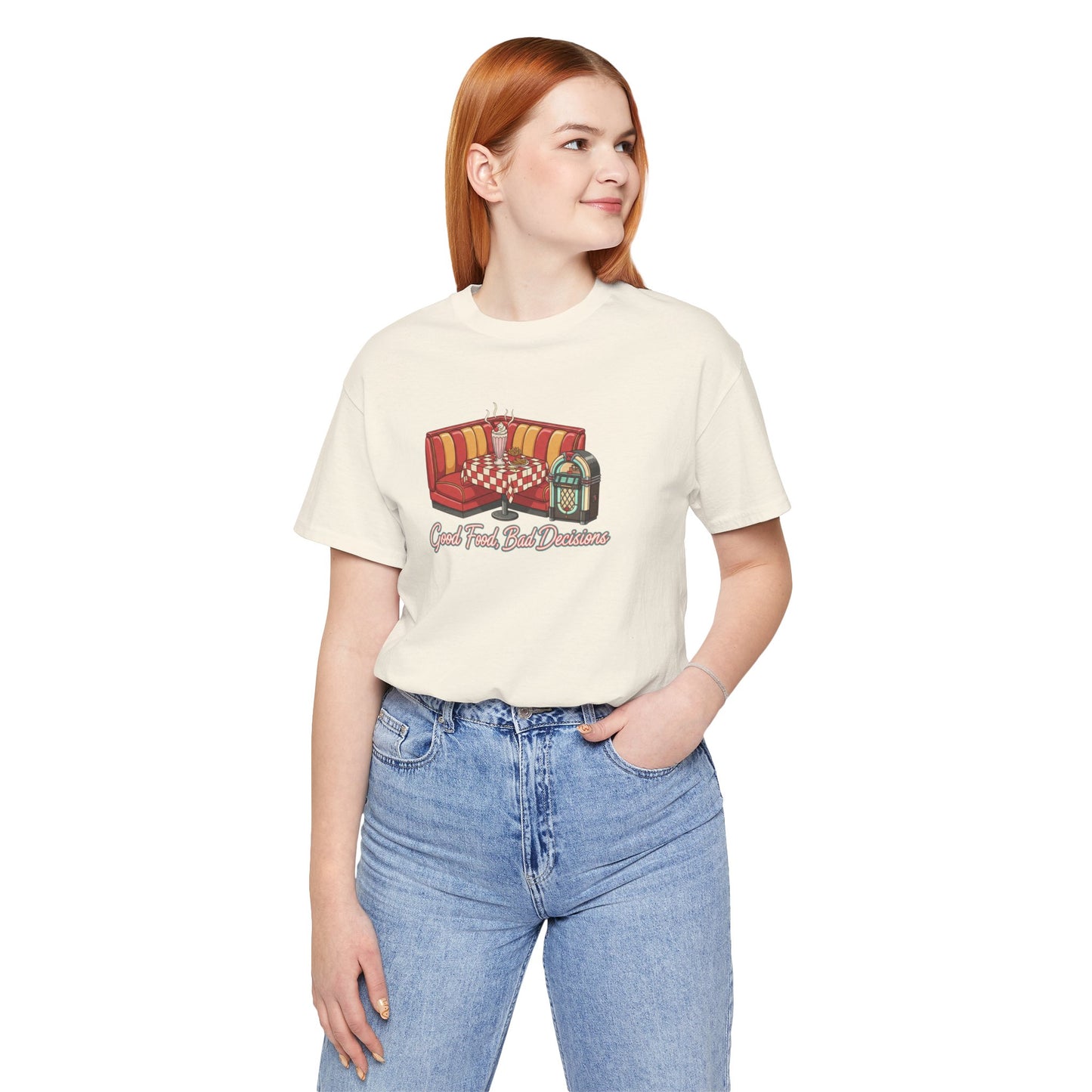 Good Food, Bad Decisions, Diner Booth & Jukebox Tee | Retro Diner Shirt, Matchbook Graphic