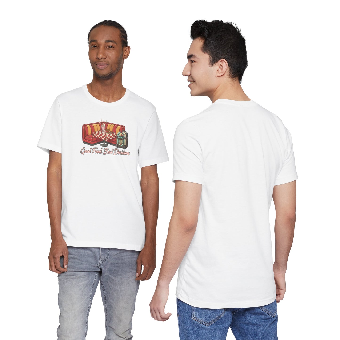 Good Food, Bad Decisions, Diner Booth & Jukebox Tee | Retro Diner Shirt, Matchbook Graphic