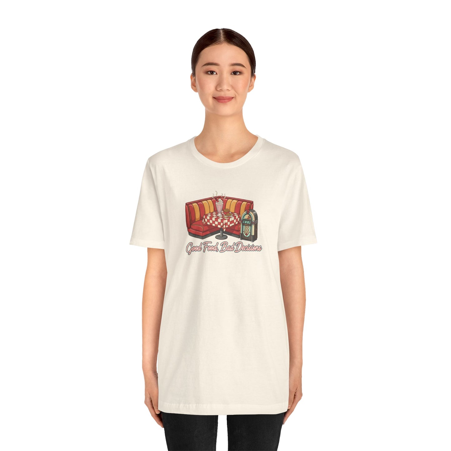 Good Food, Bad Decisions, Diner Booth & Jukebox Tee | Retro Diner Shirt, Matchbook Graphic