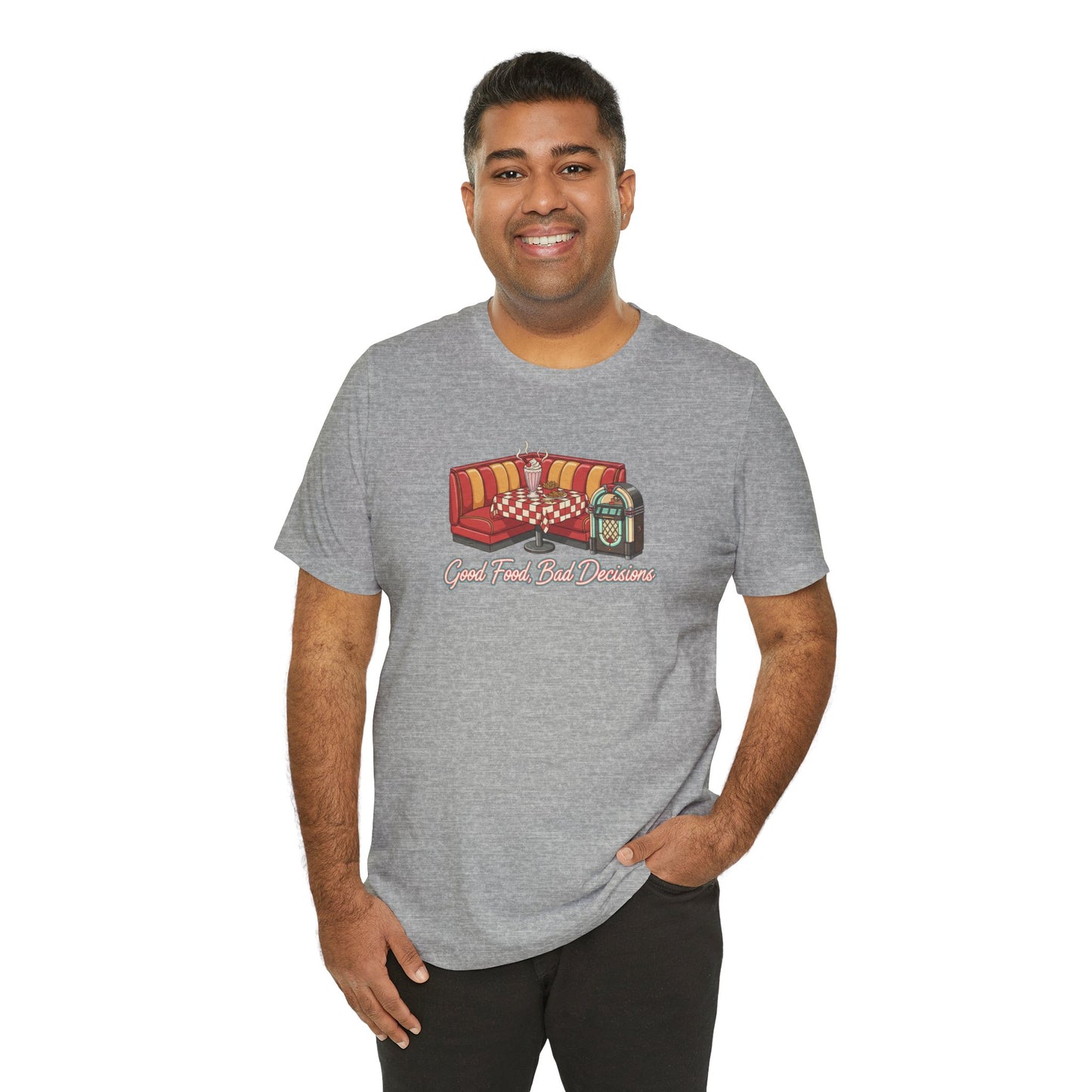 Good Food, Bad Decisions, Diner Booth & Jukebox Tee | Retro Diner Shirt, Matchbook Graphic