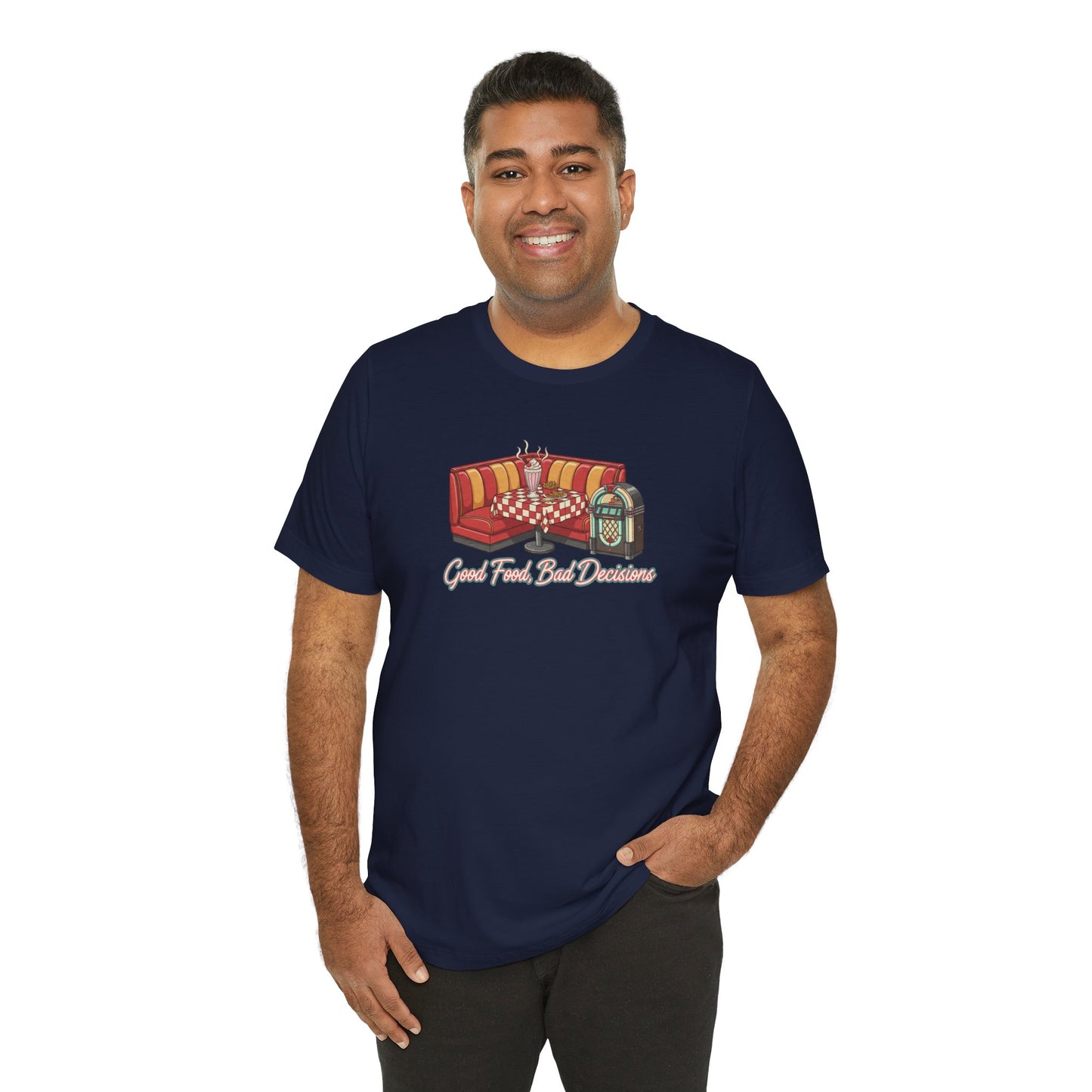 Good Food, Bad Decisions, Diner Booth & Jukebox Tee | Retro Diner Shirt, Matchbook Graphic
