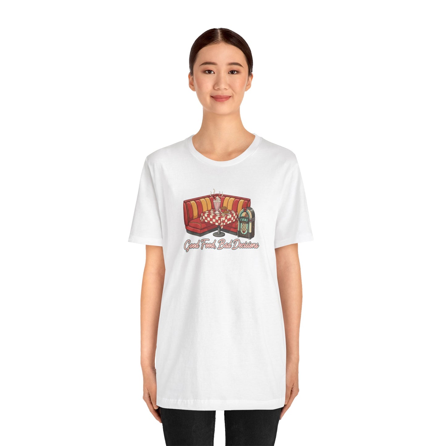 Good Food, Bad Decisions, Diner Booth & Jukebox Tee | Retro Diner Shirt, Matchbook Graphic