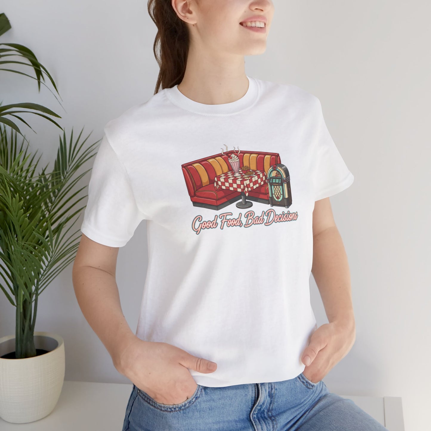 Good Food, Bad Decisions, Diner Booth & Jukebox Tee | Retro Diner Shirt, Matchbook Graphic