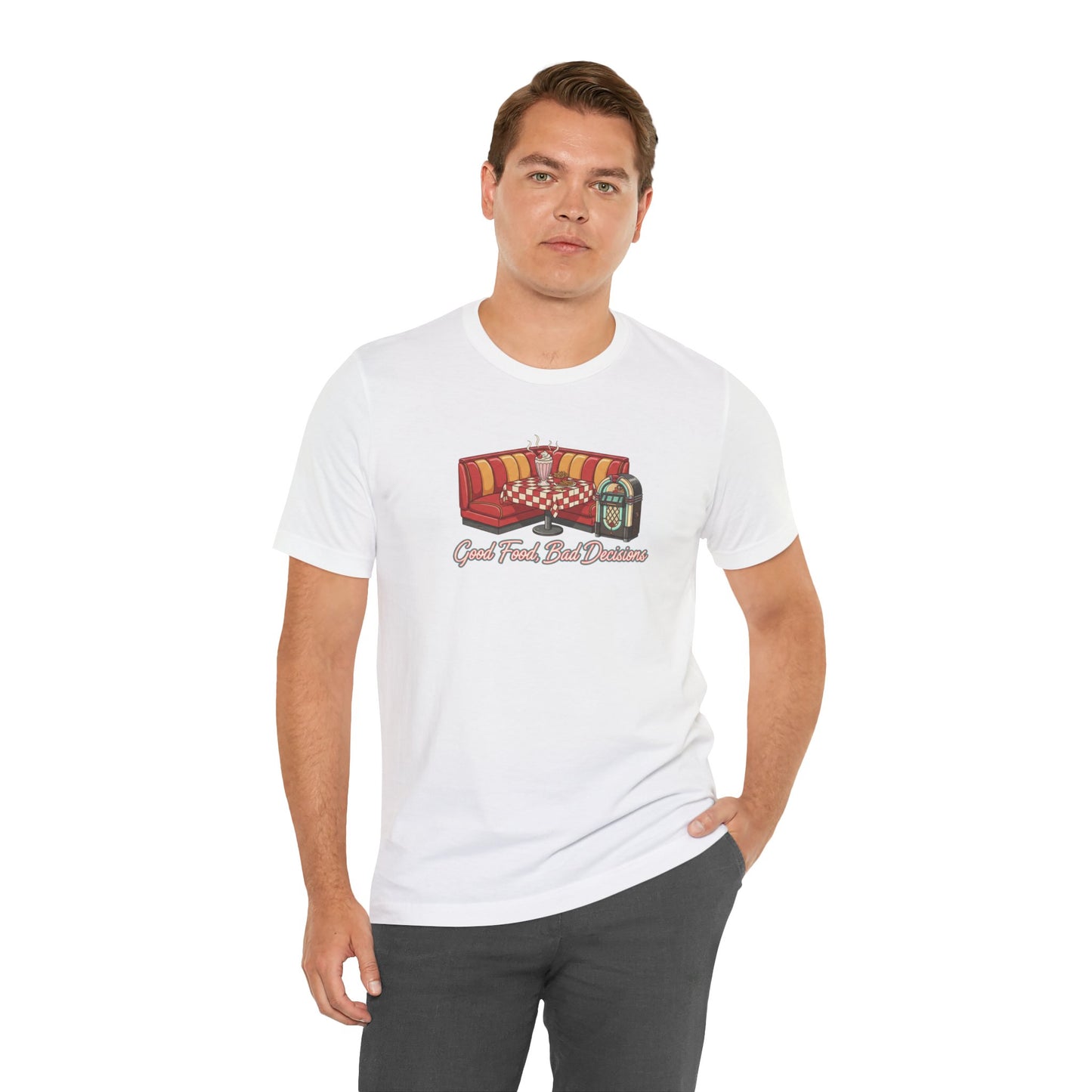 Good Food, Bad Decisions, Diner Booth & Jukebox Tee | Retro Diner Shirt, Matchbook Graphic