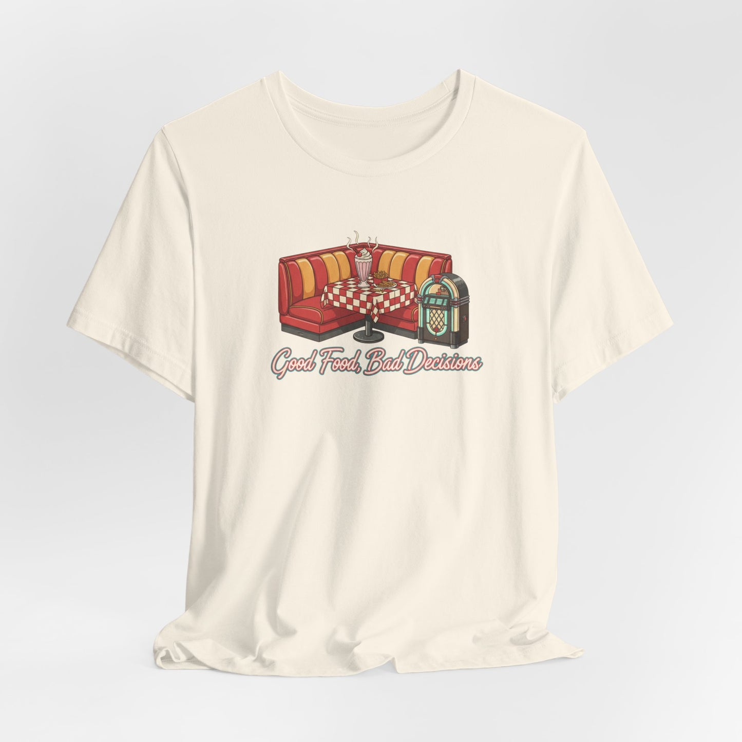 Good Food, Bad Decisions, Diner Booth & Jukebox Tee | Retro Diner Shirt, Matchbook Graphic