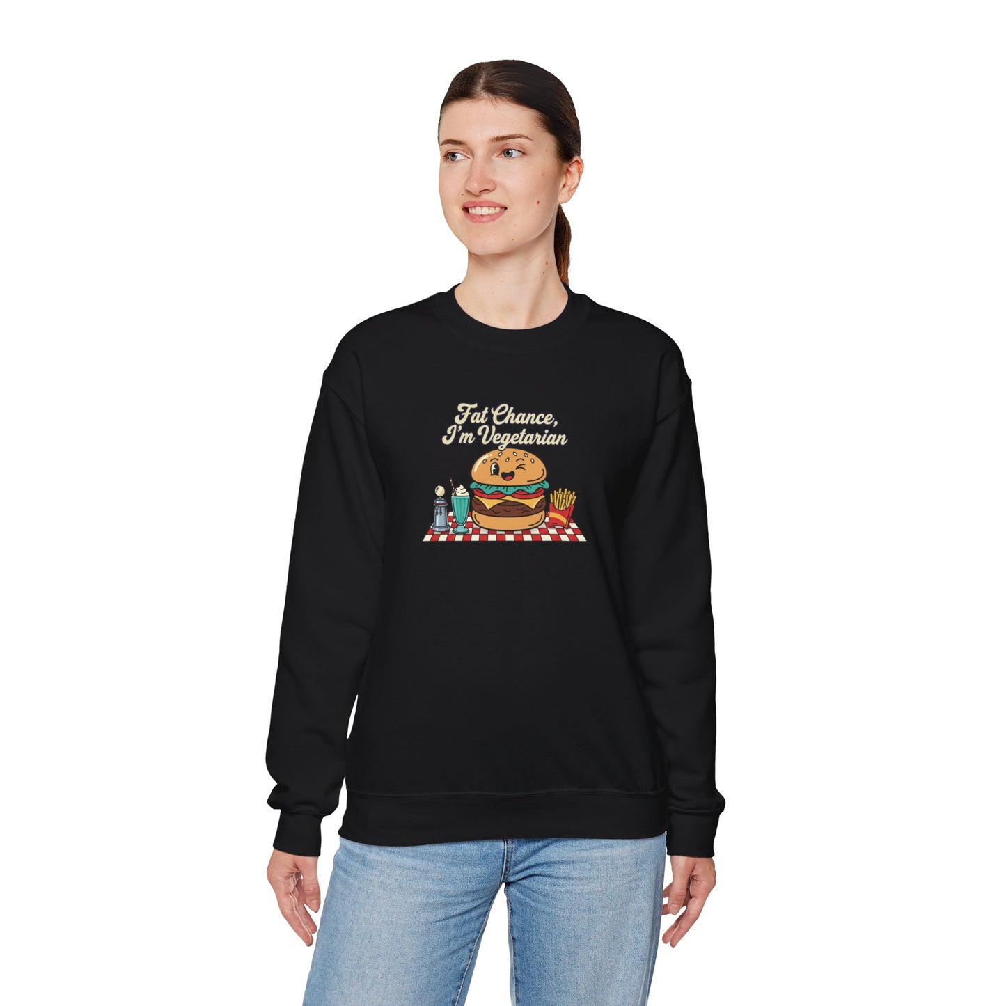 Fat Chance, I'm Vegetarian, Cheeseburger Diner Graphic Sweatshirt | Retro Diner, Matchbook & Pantry Label Art