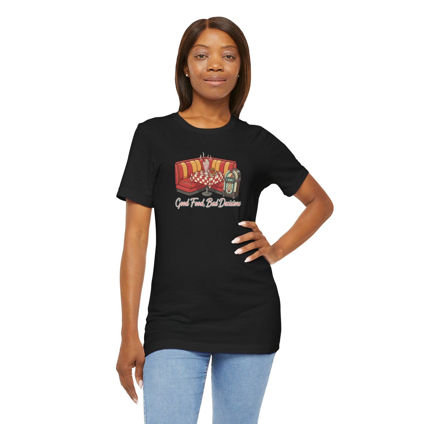 Good Food, Bad Decisions, Diner Booth & Jukebox Tee | Retro Diner Shirt, Matchbook Graphic