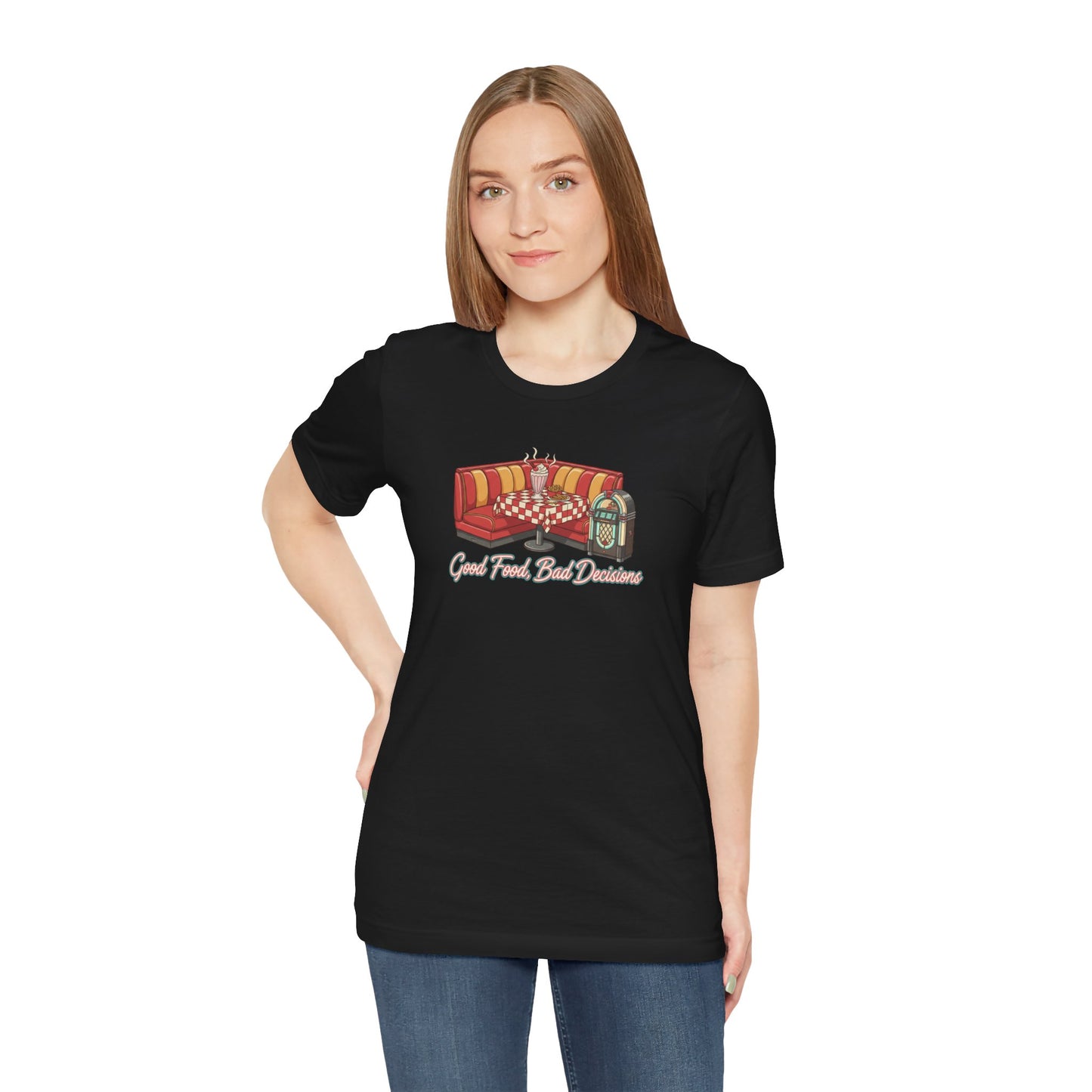 Good Food, Bad Decisions, Diner Booth & Jukebox Tee | Retro Diner Shirt, Matchbook Graphic