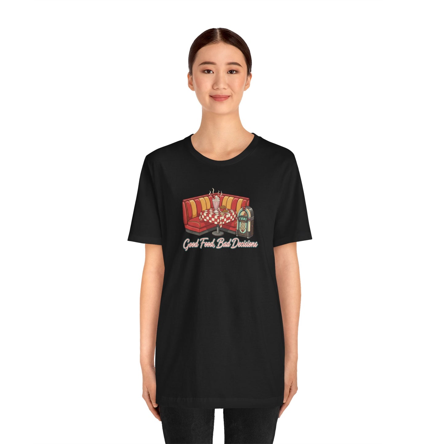 Good Food, Bad Decisions, Diner Booth & Jukebox Tee | Retro Diner Shirt, Matchbook Graphic