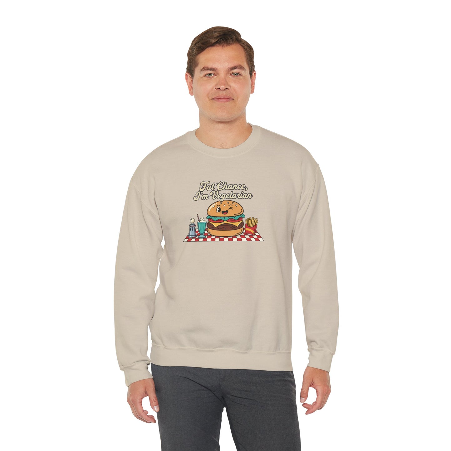 Fat Chance, I'm Vegetarian, Cheeseburger Diner Graphic Sweatshirt | Retro Diner, Matchbook & Pantry Label Art