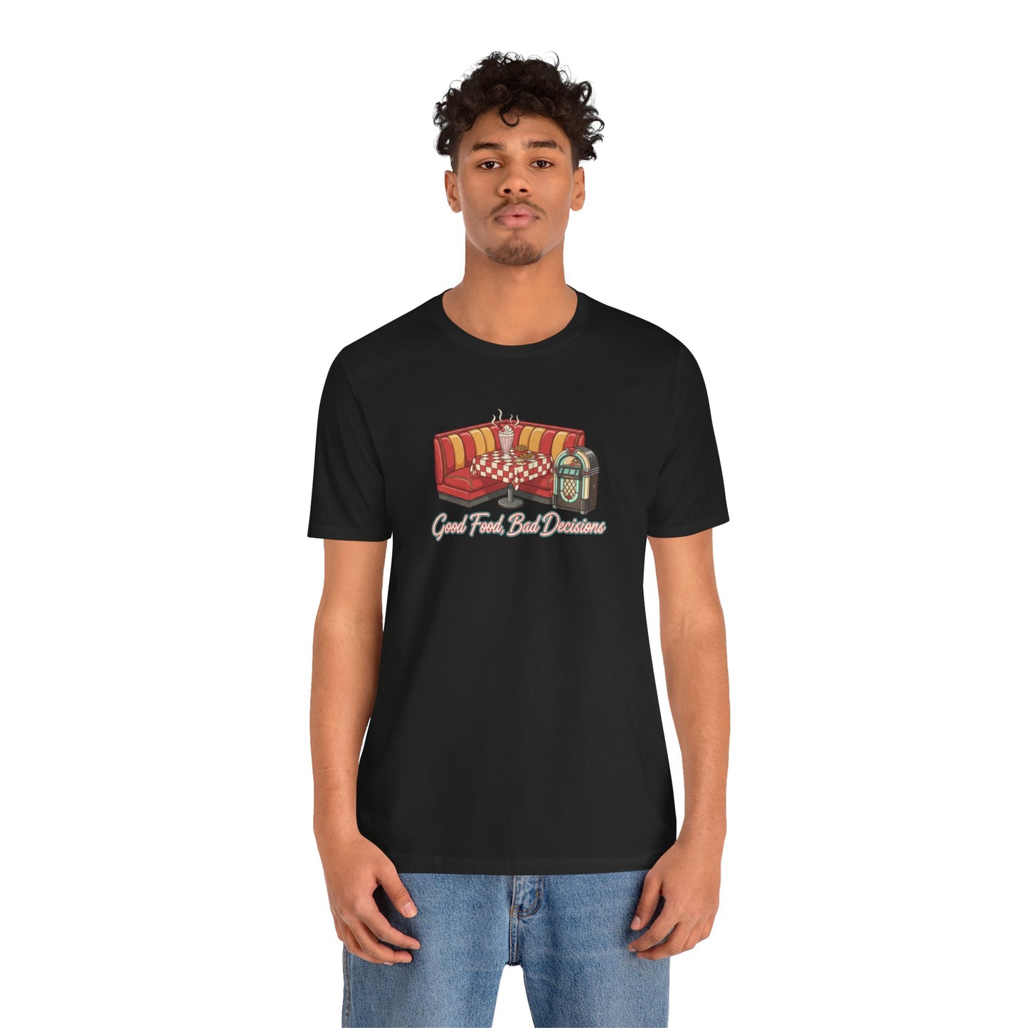Good Food, Bad Decisions, Diner Booth & Jukebox Tee | Retro Diner Shirt, Matchbook Graphic
