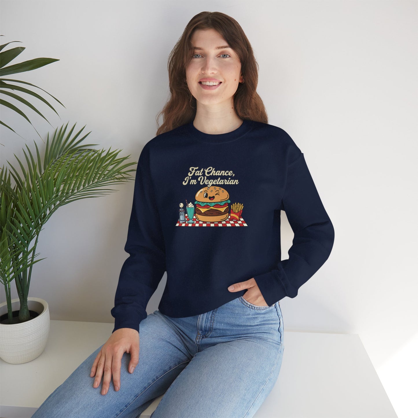 Fat Chance, I'm Vegetarian, Cheeseburger Diner Graphic Sweatshirt | Retro Diner, Matchbook & Pantry Label Art