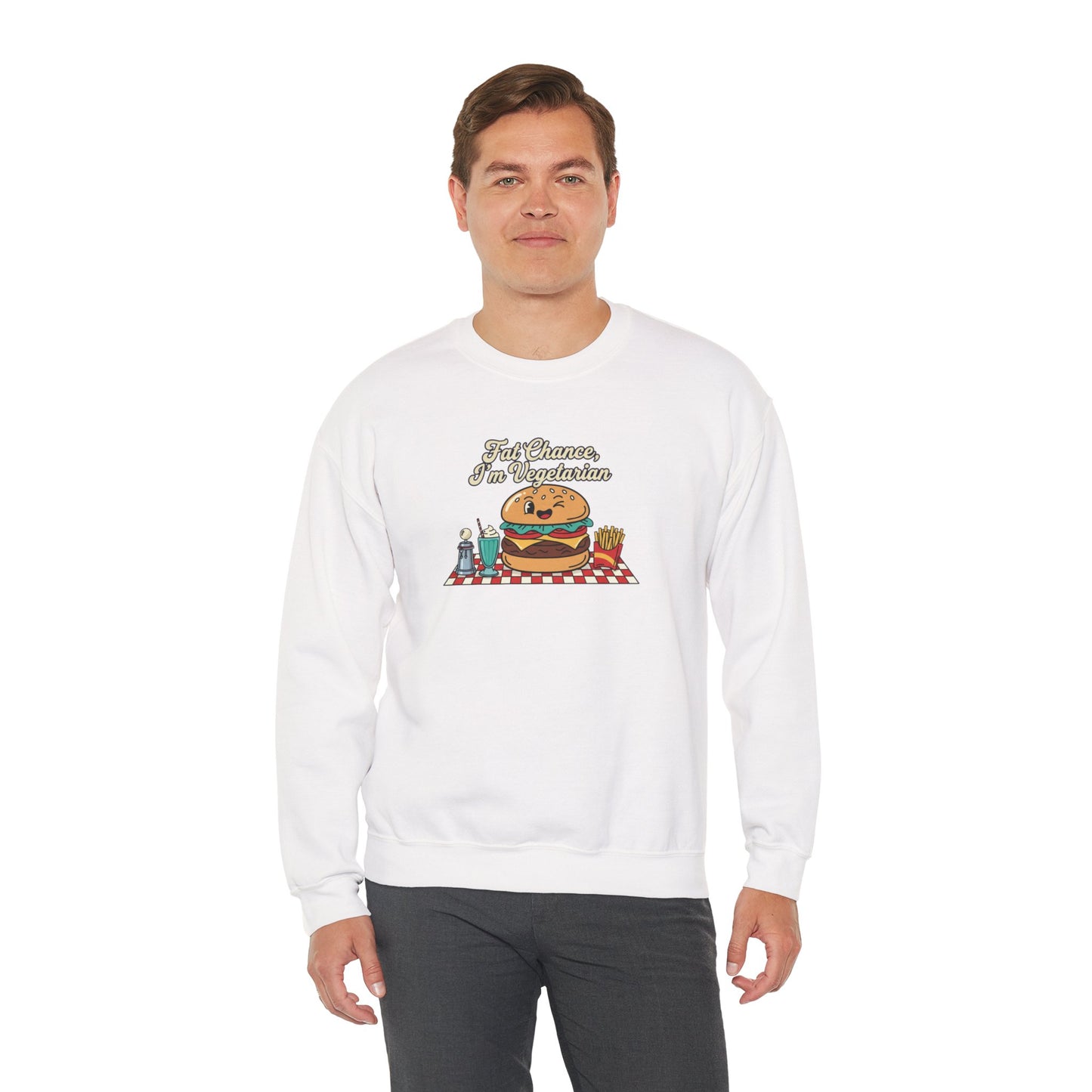 Fat Chance, I'm Vegetarian, Cheeseburger Diner Graphic Sweatshirt | Retro Diner, Matchbook & Pantry Label Art