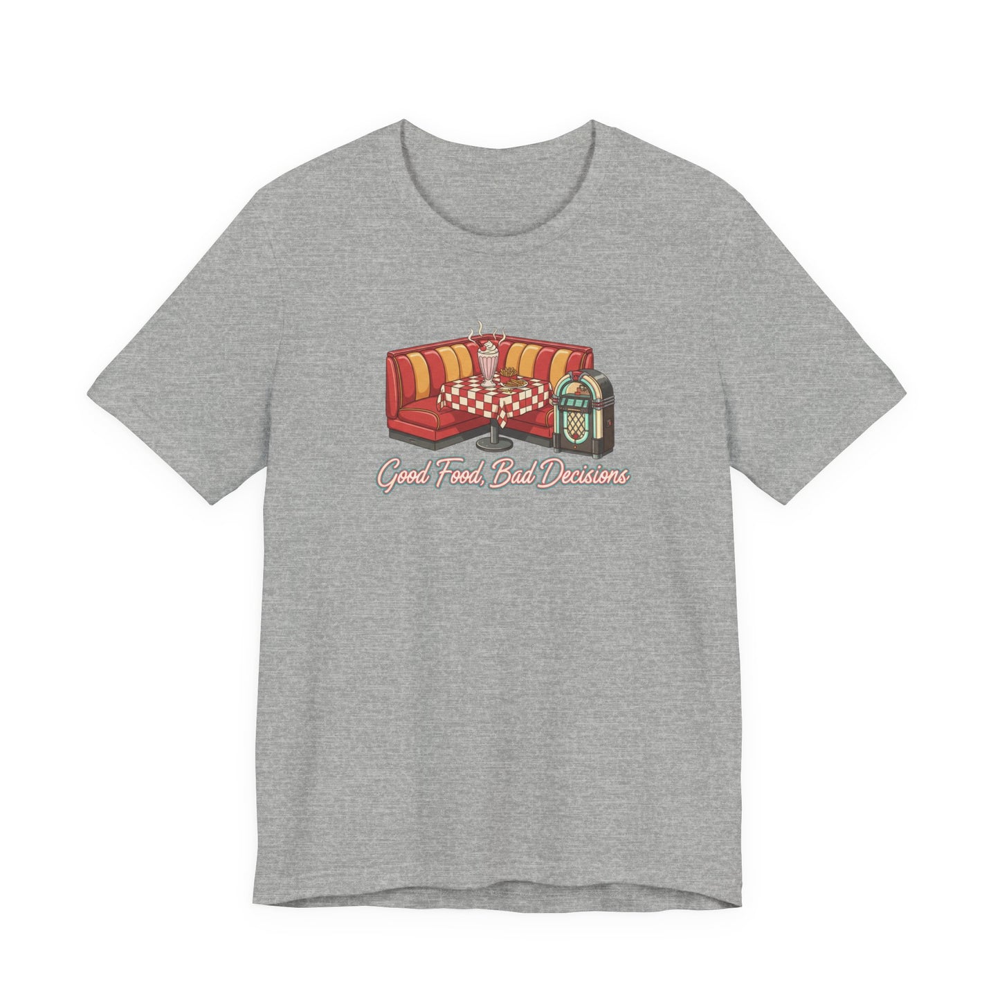 Good Food, Bad Decisions, Diner Booth & Jukebox Tee | Retro Diner Shirt, Matchbook Graphic