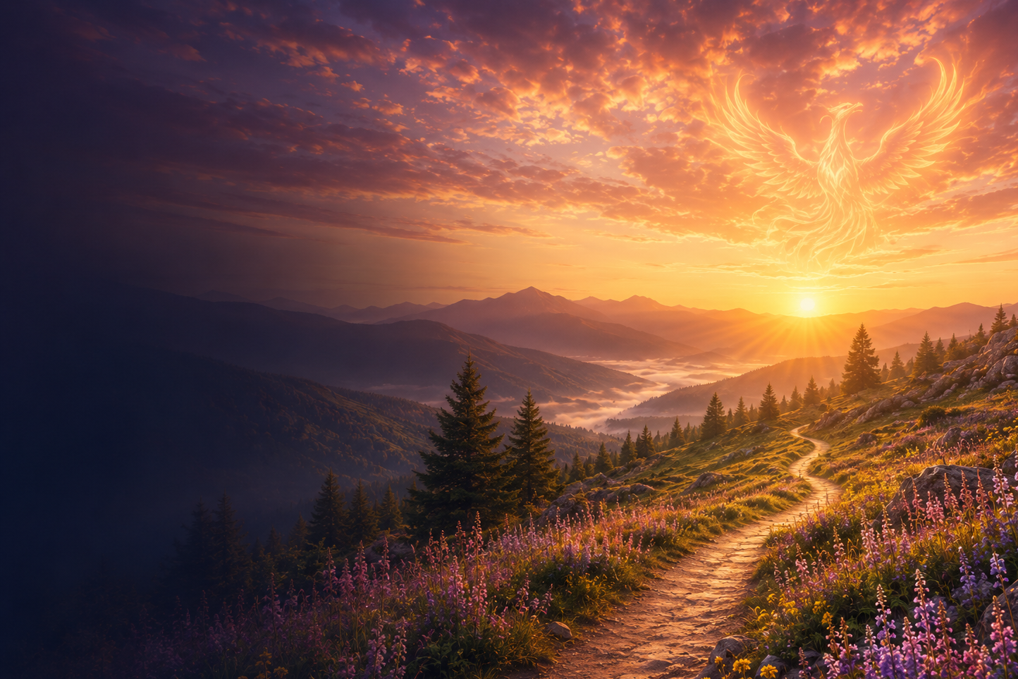 A dramatic mountain landscape at sunset with a winding path through wildflowers, evergreen trees, and misty valleys in the distance. The sky is filled with glowing orange, pink, and purple clouds, and a large winged angel-like form appears above the sun.